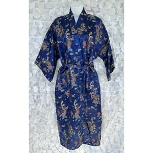 Vintage Satin Blue Unisex Blue Long Kimono Robe Embroidered Peacocks Dragons
